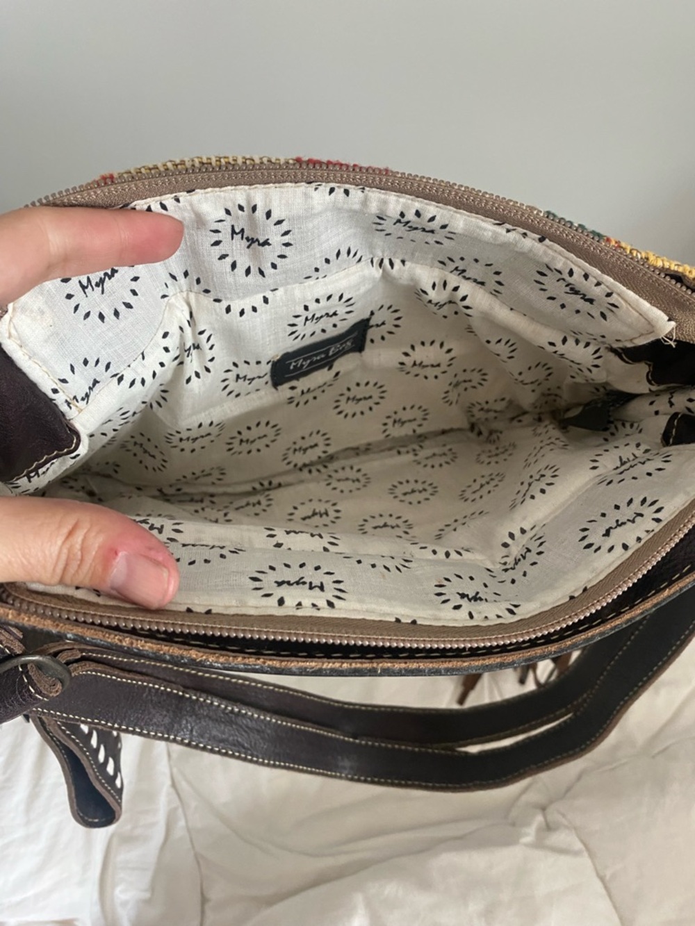 Myra Bag Woven Southwest Crossbody with Tooled Brown Leather Trim - Picture 6 of 9